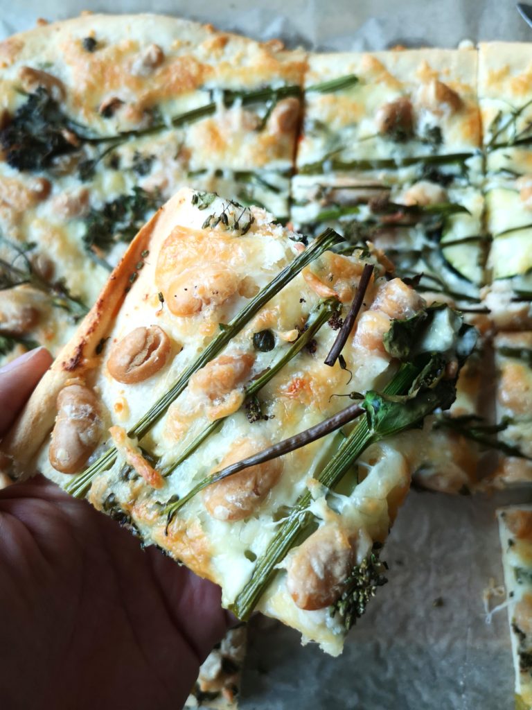 Pizza Bianca with sprouting broccoli